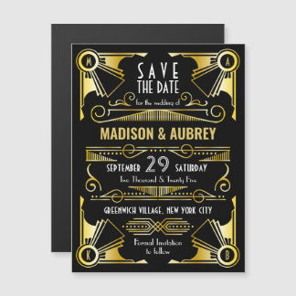 Sparen de Datum Gatsby Wedding Art Deco Gold Black Magnetische Uitnodiging