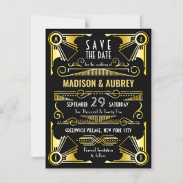 Sparen de Datum Gatsby Wedding Art Deco Gold Black Magnetische Uitnodiging