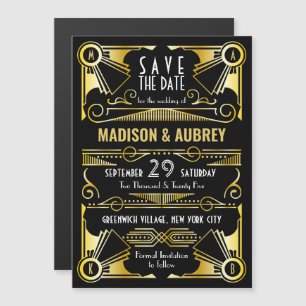 Sparen de Datum Gatsby Wedding Art Deco Gold Black Magnetische Uitnodiging