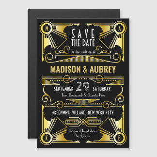 Sparen de Datum Gatsby Wedding Art Deco Gold Black Magnetische Uitnodiging