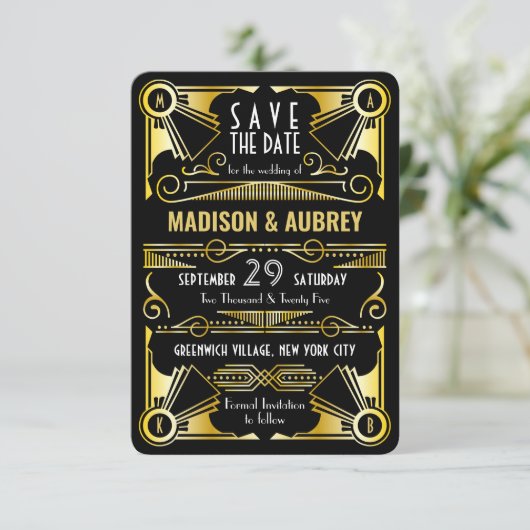 Sparen de Datum Gatsby Wedding Art Deco Gold Black Save The Date (Staand voorkant)