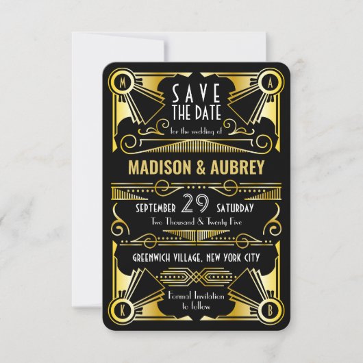 Sparen de Datum Gatsby Wedding Art Deco Gold Black Save The Date (Voorkant)