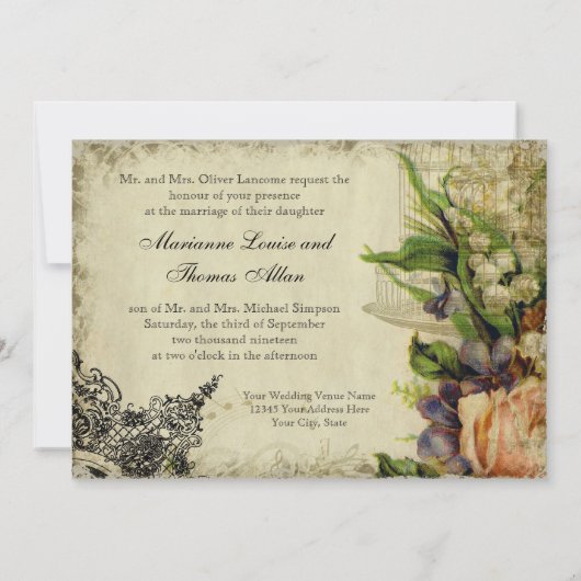 Sparen de Datum, Gele Song Bird Cage Floral Save The Date (Achterkant)