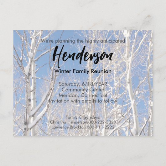 Sparen de Datum Gezin Reunion Snowy Winter Aspens Aankondigingskaart (Achterkant)