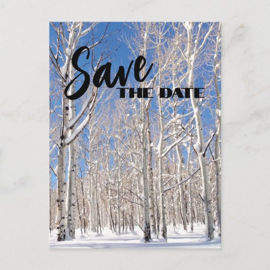 Sparen de Datum Gezin Reunion Snowy Winter Aspens Aankondigingskaart (Voorkant)