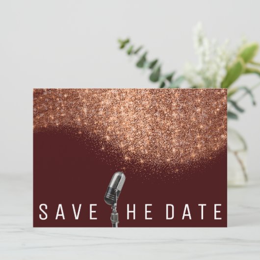 Sparen de Datum Glitter Copper Burgundy Microphone Save The Date (Staand voorkant)