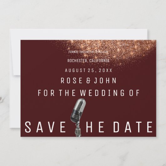 Sparen de Datum Glitter Copper Burgundy Microphone Save The Date (Achterkant)