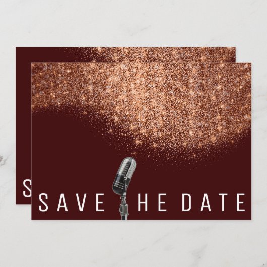 Sparen de Datum Glitter Copper Burgundy Microphone Save The Date (Voorkant / Achterkant)
