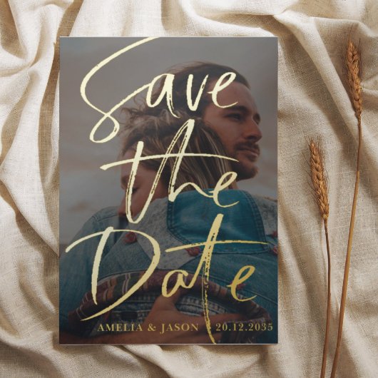 Sparen de Datum Gold Calligrafie Foto Folie Folie Uitnodiging