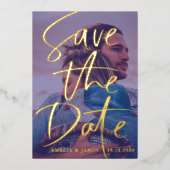 Sparen de Datum Gold Calligrafie Foto Folie Uitnodiging (Voorkant)