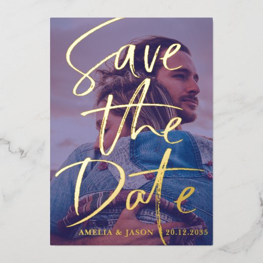 Sparen de Datum Gold Calligrafie Foto Folie Uitnodiging (Voorkant)