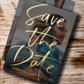 Sparen de Datum Gold Calligrafie Foto Folie Uitnodiging