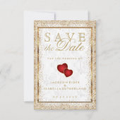 Sparen de Datum Gold Confetti en de Witte Damask Save The Date (Voorkant)