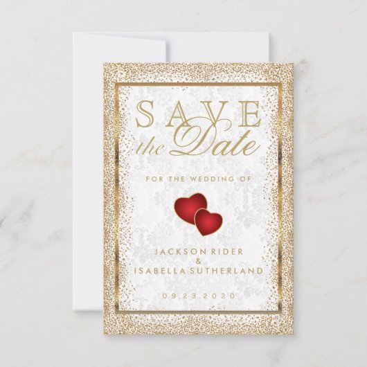 Sparen de Datum Gold Confetti en de Witte Damask Save The Date (Voorkant)