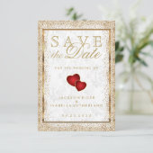 Sparen de Datum Gold Confetti en de Witte Damask Save The Date (Staand voorkant)