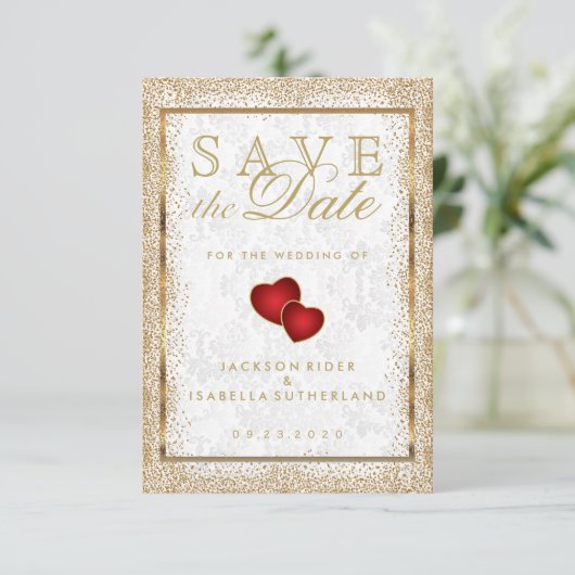 Sparen de Datum Gold Confetti en de Witte Damask Save The Date (Staand voorkant)