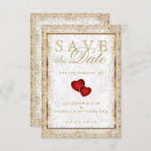 Sparen de Datum Gold Confetti en de Witte Damask Save The Date (Voorkant / Achterkant)