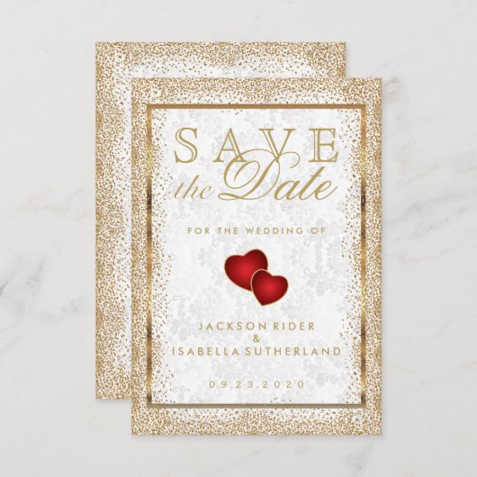 Sparen de Datum Gold Confetti en de Witte Damask Save The Date (Voorkant / Achterkant)