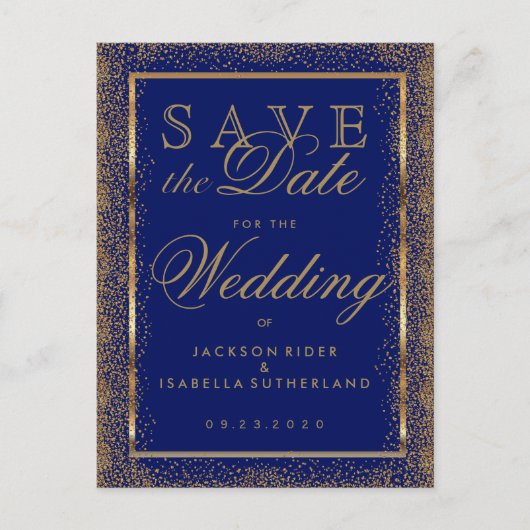 Sparen de Datum Gold Confetti en Donkerblauw Aankondigingskaart (Voorkant)