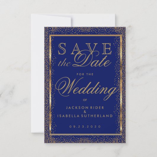 Sparen de Datum Gold Confetti en Donkerblauw Save The Date (Voorkant)