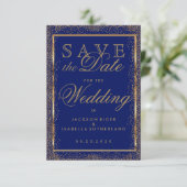 Sparen de Datum Gold Confetti en Donkerblauw Save The Date (Staand voorkant)