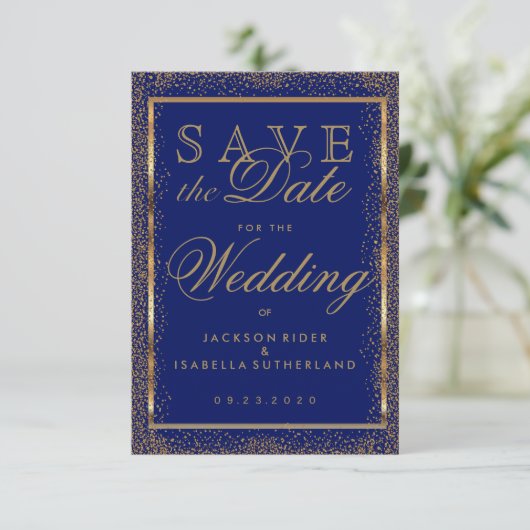 Sparen de Datum Gold Confetti en Donkerblauw Save The Date (Staand voorkant)
