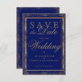 Sparen de Datum Gold Confetti en Donkerblauw Save The Date (Voorkant / Achterkant)