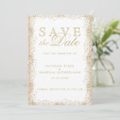 Sparen de Datum Gold Confetti en Wit Save The Date (Staand voorkant)