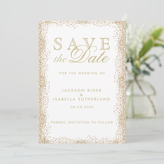 Sparen de Datum Gold Confetti en Wit Save The Date (Staand voorkant)