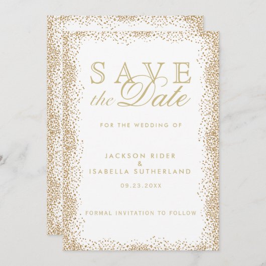 Sparen de Datum Gold Confetti en Wit Save The Date (Voorkant / Achterkant)