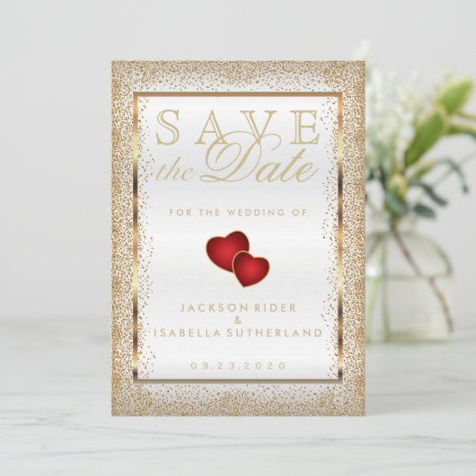 Sparen de Datum Gold Confetti en Wit Save The Date (Staand voorkant)