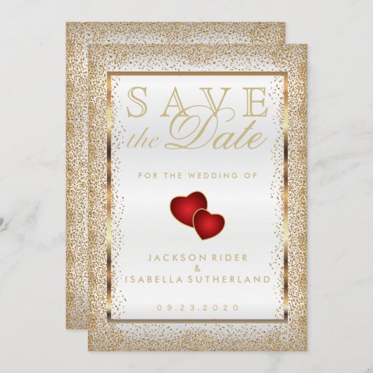 Sparen de Datum Gold Confetti en Wit Save The Date (Voorkant / Achterkant)