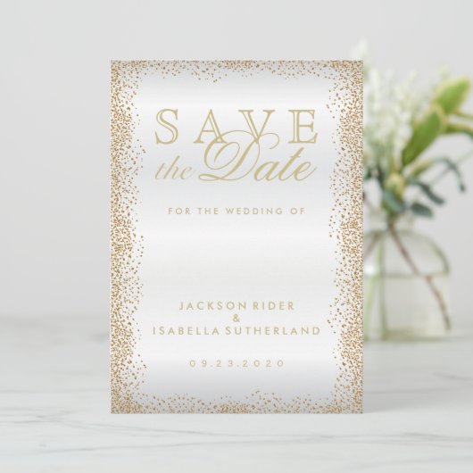 Sparen de Datum Gold Confetti en Wit Save The Date (Staand voorkant)