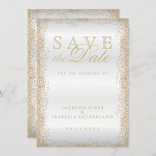 Sparen de Datum Gold Confetti en Wit Save The Date (Voorkant / Achterkant)
