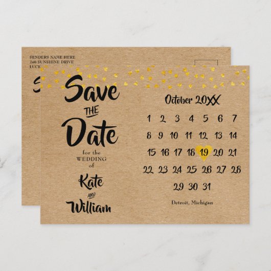 Sparen de Datum Gold Heart Kalender Rustic Boho Aankondigingskaart (Voorkant / Achterkant)