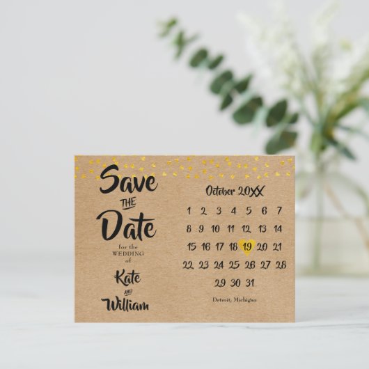 Sparen de Datum Gold Heart Kalender Rustic Boho Aankondigingskaart (Staand voorkant)
