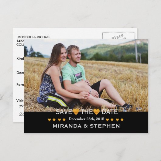 Sparen de Datum Gold Heart Modern Weddenfoto Aankondigingskaart (Voorkant / Achterkant)