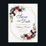 Sparen de Datum Gold Lijst Burgundy Blue Floral Aankondigingskaart<br><div class="desc">Modern Elegant, Waterverf Burgundy Marsala Blue Floral, Gold Geometric Lijst, sparen het Briefkaart op de datum van het Verloving</div>