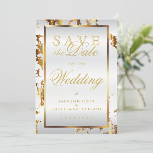 Sparen de Datum Gold Marble en Witte Satin Save The Date (Staand voorkant)