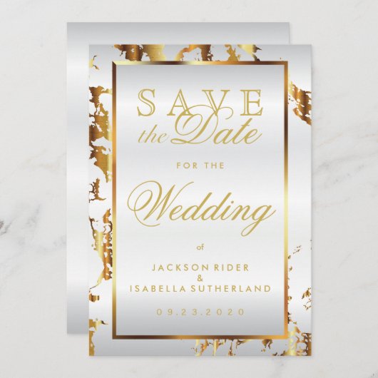 Sparen de Datum Gold Marble en Witte Satin Save The Date (Voorkant / Achterkant)