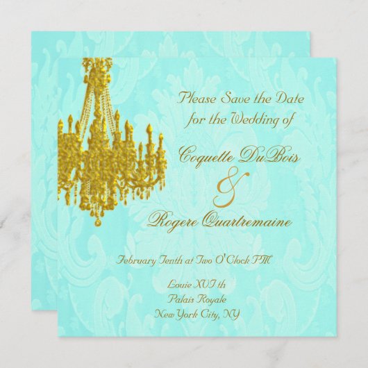 Sparen de Datum Golden Chandelier en Aqua Damask Save The Date (Voorkant / Achterkant)