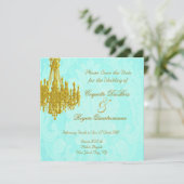 Sparen de Datum Golden Chandelier en Aqua Damask Save The Date (Staand voorkant)