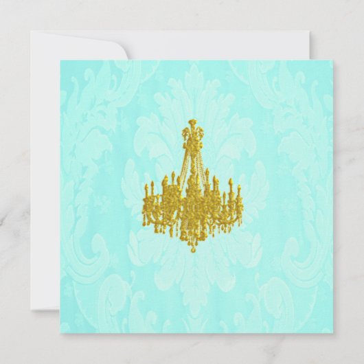Sparen de Datum Golden Chandelier en Aqua Damask Save The Date (Achterkant)