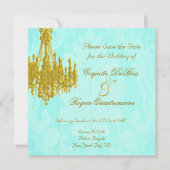 Sparen de Datum Golden Chandelier en Aqua Damask Save The Date (Voorkant)