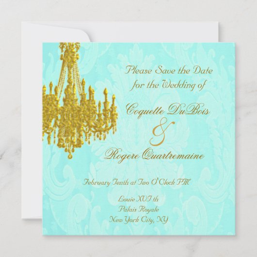 Sparen de Datum Golden Chandelier en Aqua Damask Save The Date (Voorkant)