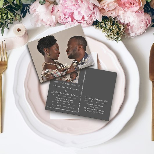 Sparen de Datum Golden Manuscript de Foto grijs gr Briefkaart