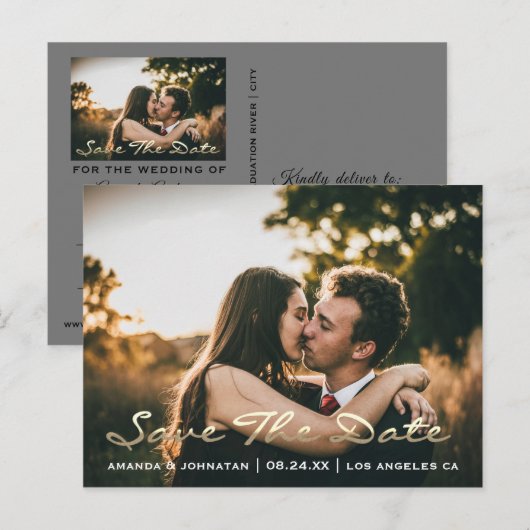 Sparen de Datum Golden Manuscript de Foto zwarte G Briefkaart (Voorkant / Achterkant)