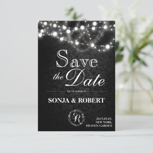 Sparen de Datum - Gothic Zwart met Witte Lichten Save The Date (Staand voorkant)