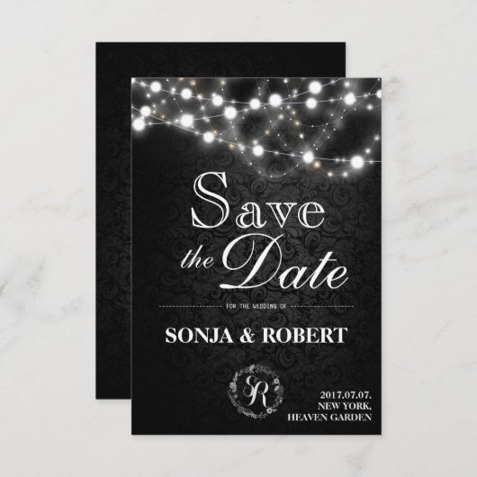 Sparen de Datum - Gothic Zwart met Witte Lichten Save The Date (Voorkant / Achterkant)