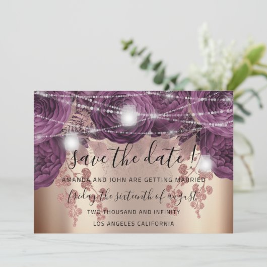 Sparen de Datum gouden Floral Paarse Rozen Lichten Save The Date (Staand voorkant)